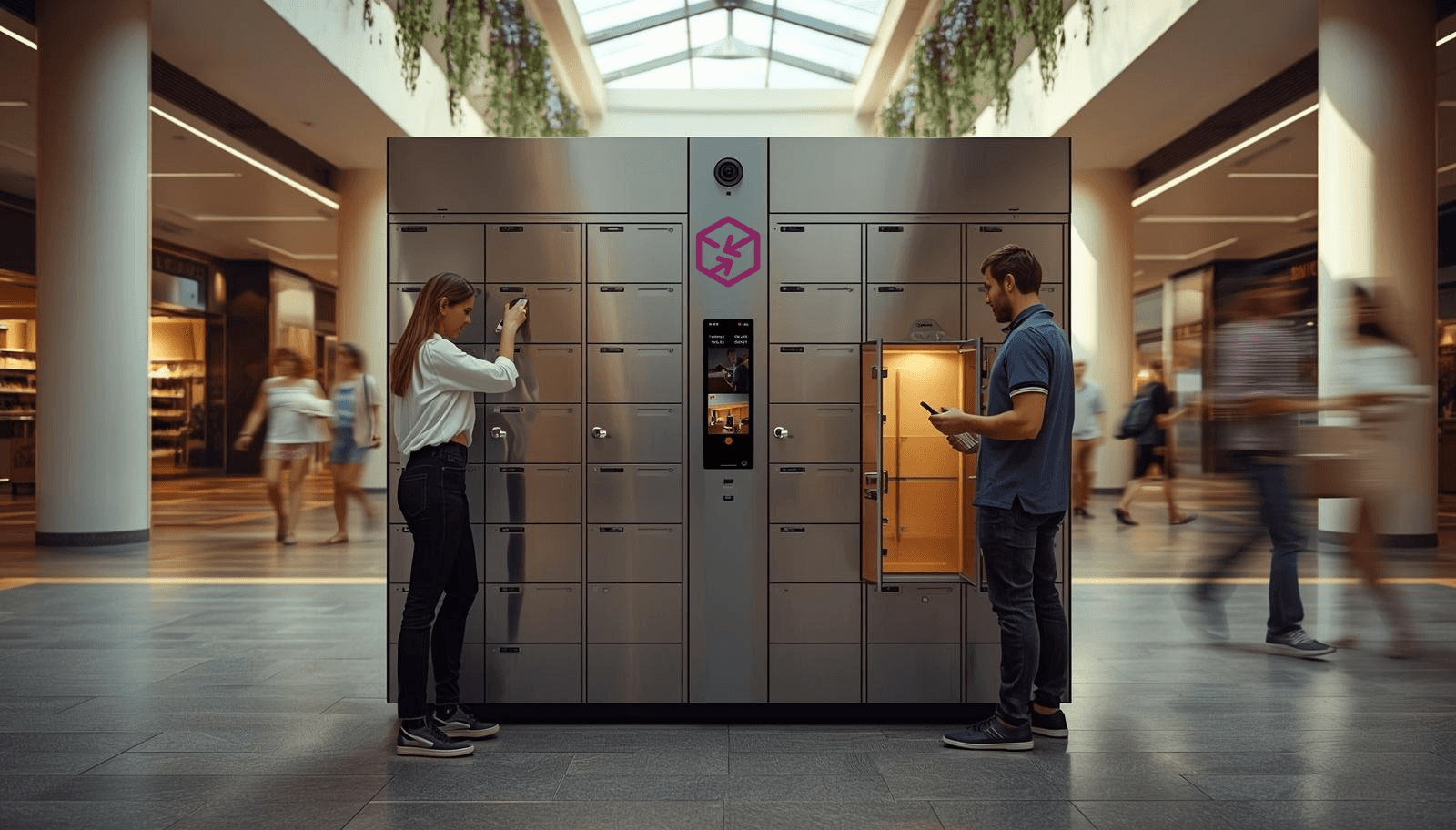 Two people swapping at a SwapBox smart locker — one depositing, one collecting
